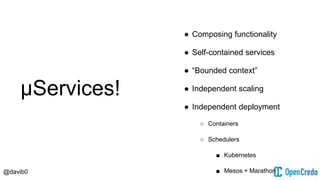 @davib0
μServices!
● Composing functionality
● Self-contained services
● “Bounded context”
● Independent scaling
● Independent deployment
○ Containers
○ Schedulers
■ Kubernetes
■ Mesos + Marathon
○ PaaS(es)
■ CloudFoundry
● Localized failures
● Prefer statelessness
○ Don’t rely on HTTP Sessions
 