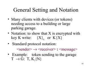 10
General Setting and Notation
• Many clients with devices (or tokens)
needing access to a building or large
parking garage.
• Notation: to show that X is encrypted with
key K write: {X}K
or K{X}
• Standard protocol notation:
<sender> → <receiver> : <message>
• Example: token sending to the garage
T → G: T, KT
{N}
 
