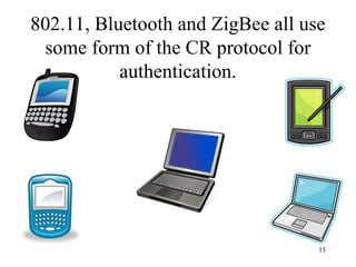 15
802.11, Bluetooth and ZigBee all use
some form of the CR protocol for
authentication.
 