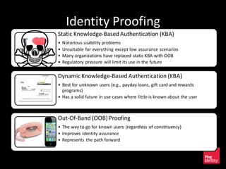 Identity Proofing
Static Knowledge-BasedAuthentication (KBA)
• Notorious usability problems
• Unsuitable for everything except low assurance scenarios
• Many organizations have replaced static KBA with OOB
• Regulatory pressure will limit its use in the future
Dynamic Knowledge-Based Authentication (KBA)
• Best for unknown users (e.g., payday loans, gift card and rewards
programs)
• Has a solid future in use cases where little is known about the user
Out-Of-Band (OOB) Proofing
• The way to go for known users (regardless of constituency)
• Improves identity assurance
• Represents the path forward
 