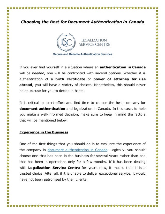 Authentication of documents in canada