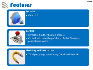 Slide 14


Features
     Security
     • OAuth1.0




     Control
     • Centralized authentication process
     • Centralized controlling of shared Active Directory
       protected resources


     Flexibility and Ease of Use
     • Third party apps can use any OAuth1.0 client API
 