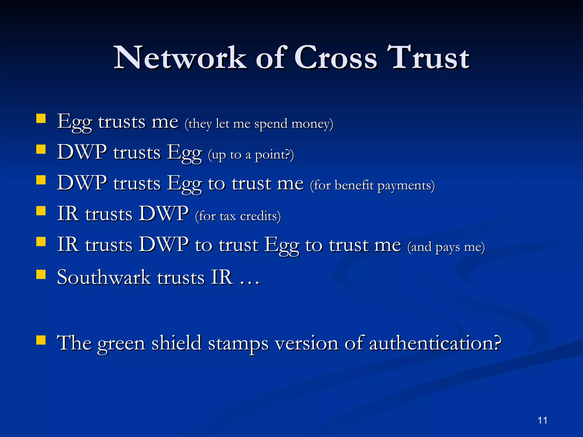Network of Cross Trust Egg trusts me  (they let me spend money) DWP trusts Egg  (up to a point?) DWP trusts Egg to trust me  (for benefit payments) IR trusts DWP  (for tax credits) IR trusts DWP to trust Egg to trust me  (and pays me) Southwark trusts IR … The green shield stamps version of authentication? 