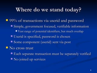 Where do we stand today? 99% of transactions via userid and password Simple, government focused, verifiable information Vast range of potential identifiers, but much overlap Userid is specified, password is chosen Some component (userid) sent via post No cross trust Each separate transaction must be separately verified No joined up services 
