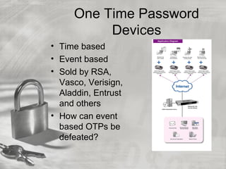 One Time Password
Devices
• Time based
• Event based
• Sold by RSA,
Vasco, Verisign,
Aladdin, Entrust
and others
• How can event
based OTPs be
defeated?
 
