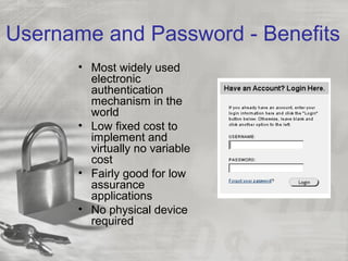 Username and Password - Benefits
• Most widely used
electronic
authentication
mechanism in the
world
• Low fixed cost to
implement and
virtually no variable
cost
• Fairly good for low
assurance
applications
• No physical device
required
 