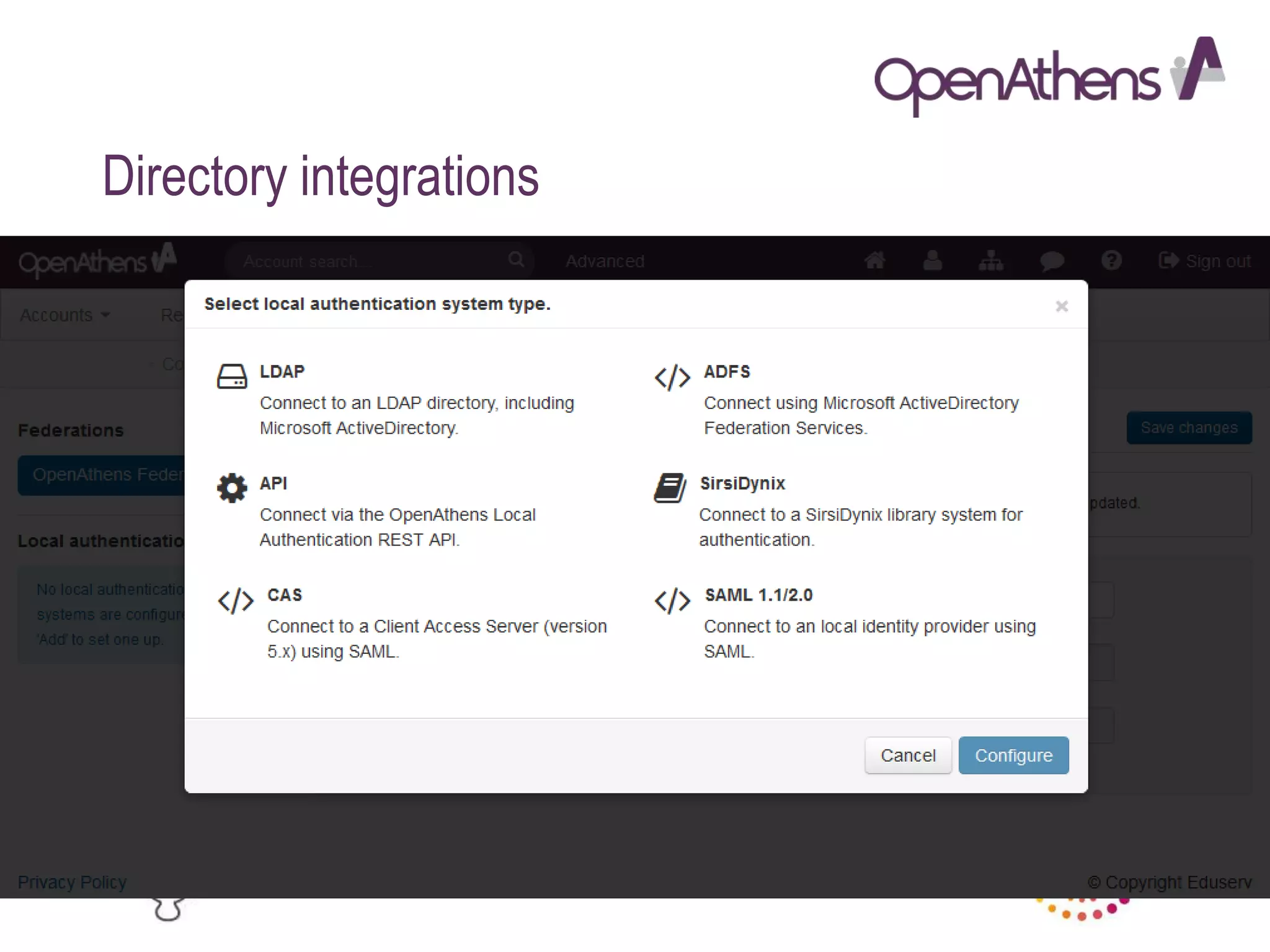 www.openathens.org
Directory integrations
CAS (Client Access Server)
 