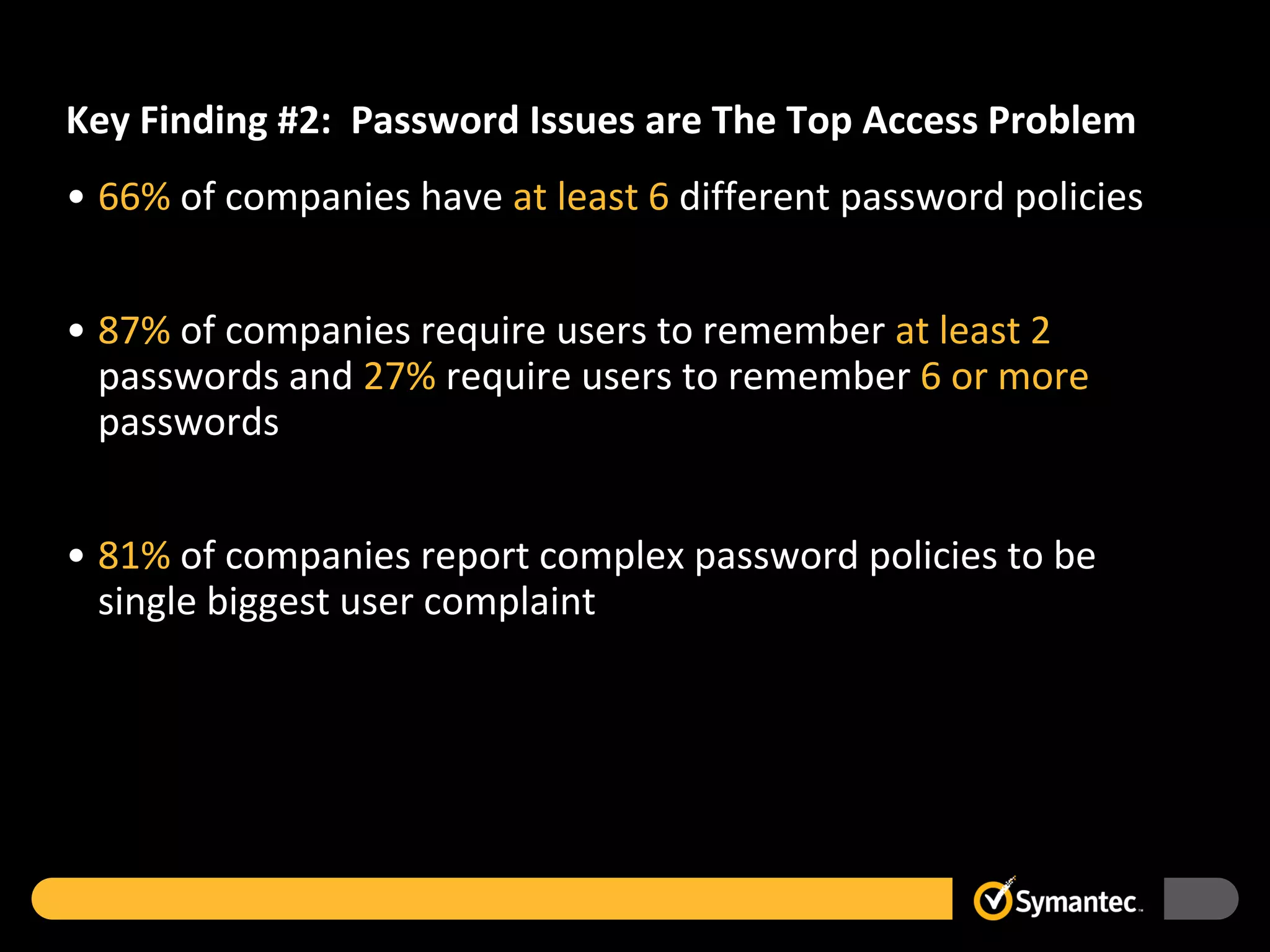 Key Finding #2: Password Issues are The Top Access Problem
• 66% of companies have at least 6 different password policies


• 87% of companies require users to remember at least 2
  passwords and 27% require users to remember 6 or more
  passwords


• 81% of companies report complex password policies to be
  single biggest user complaint
 