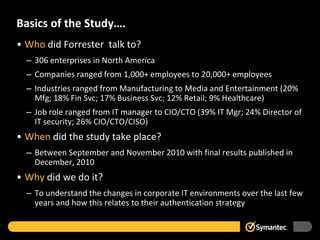 Basics of the Study….
• Who did Forrester talk to?
  – 306 enterprises in North America
  – Companies ranged from 1,000+ employees to 20,000+ employees
  – Industries ranged from Manufacturing to Media and Entertainment (20%
    Mfg; 18% Fin Svc; 17% Business Svc; 12% Retail; 9% Healthcare)
  – Job role ranged from IT manager to CIO/CTO (39% IT Mgr; 24% Director of
    IT security; 26% CIO/CTO/CISO)
• When did the study take place?
  – Between September and November 2010 with final results published in
    December, 2010
• Why did we do it?
  – To understand the changes in corporate IT environments over the last few
    years and how this relates to their authentication strategy
 