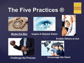 The Five Practices ®
Model the Way Inspire A Shared Vision
Enable Others to Act
Challenge the Process Encourage the Heart
 