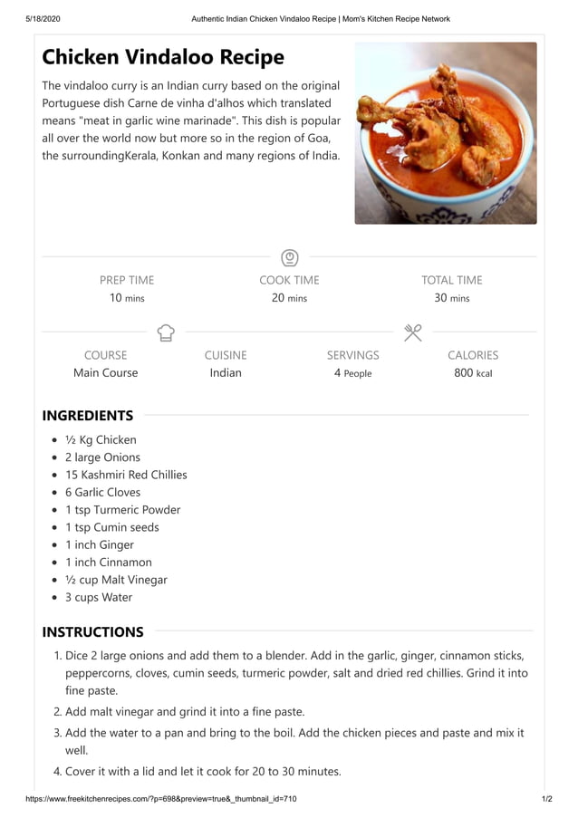 Authentic Indian Chicken Vindaloo Recipe | PDF