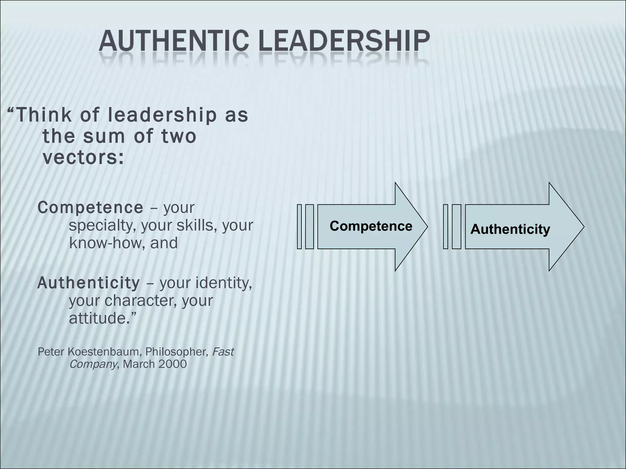 “ Think of leadership as the sum of two vectors: Competence  – your specialty, your skills, your know-how, and Authenticity  – your identity, your character, your attitude.” Peter Koestenbaum, Philosopher,  Fast Company , March 2000 Competence Authenticity 