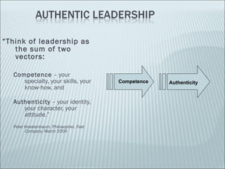 <ul><li>“ Think of leadership as the sum of two vectors: </li></ul><ul><ul><li>Competence  – your specialty, your skills, ...