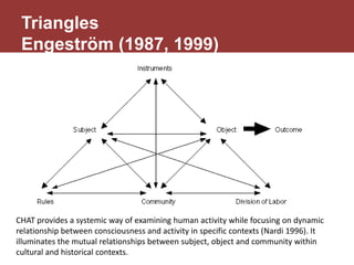 Triangles
Engeström (1987, 1999)
CHAT provides a systemic way of examining human activity while focusing on dynamic
relationship between consciousness and activity in specific contexts (Nardi 1996). It
illuminates the mutual relationships between subject, object and community within
cultural and historical contexts.
 
