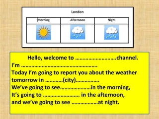Hello, welcome to ……………………….channel.
I’m …………………………………………….
Today I’m going to report you about the weather
tomorrow in …………(city)…………….
We’ve going to see…………………in the morning,
It’s going to ……………………. in the afternoon,
and we’ve going to see ………………at night.
 