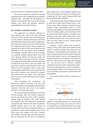 ISBN : 978-623-91788-0-2
52
Ana Ahsana El-Sulukiyyah
America and caste in Hinduism culture in Bali.
The research observed in detail the teaching
and learning activities in applying those authentic
materials and described the development of
students’ writing performance. In every meetings
students were shown the authentic materials,
understand them and started writing.
III. FINDING AND DISCUSSION
The application of authentic materials in
Essay Writing class. There were three meetings
observed in this research. The first teaching step
was the authentic materials discussion and thesis
statement and compare and contrast arrangement.
The second step was the activities of full writing.
In Comparison and Contrast Essay, students are
expected to be able to find some similarities and
differences in the two objects their compared.
The authentic material used in the first meeting
was authentic printed material taken from kids
story Bawang Merah and Bawang Putih and
Cinderella. The lecturer gave those two stories to
be compared. Bawang Merah and Bawang Putih
is Indonesian story about cruel step mother and
step sister’s behavior and treatment to their step
family. In line, Cinderella is also a story about
step daughter treated badly by her step mother and
step sisters. Students were directed to compare
and contrast those two stories. They read those
stories in some minutes and found some things to
be compared.
After founding the similarities and
differences students discussed it in class and
make the introductory paragraph with good thesis
statement. Then the next activity was students
started to write down their essays.
The second meeting conducted a week after
the first meeting. Here, the Lecturer started the
class by discussing the result of first meeting’s
writing made by students. The result showed
that students were still confused to arrange the
comparison side. That was why the next authentic
printed material given was the example of
CompareandContrastEssaymadebytheprevious
generation or their senior. Students were shown
those essay and compare with theirs. Lecturer
and students discussed again and more about the
step of comparing the two part in Comparison
and Contrast Essay. They found the mistakes and
tried to write again, the theme was still the same,
comparing two kids stories, Bawang Putih and
Bawang Merah and Cinderella.
Inthethirdmeeting,studentshadaccustomed
to write the Compare and Contrast Essay, so the
lecturer gave them authentic listening-viewing
material, from professional audio of FCE
Listening and Speaking Cambridge Examination
which was talking about caste classification both
in America and in Bali, Indonesia. Students were
listening to the audio while taking note to have
the material besides they were given the text to
read, then they started to have writing activity
about caste classification.
Students’ writing results were scored by
writing scoring rubric taken from Jacobs (1981)
which is scored (a) content; the writing has to be
substantive, knowledgeable and assigned to the
topic, (b) organization ; the ideas of the writing has
to be clearly stated, cohesive, well organized and
expressed fluently, (c) vocabulary: it has effective
diction or idiom choice and usage, (d) language
use ; the text has to be in effective complex
construction, has few errors of agreement, tenses,
word order and preposition, and (e) mechanics ;
it demonstrates mastery of conventions, has few
errors of spelling, punctuation, capitalization and
paragraphing.
The results of three students’ writing are as
follows:
From the chart, we can know that, the
students’ writing performance are varied, in the
first meeting, the average class score is 65, but it
is increased in the second meeting in 81 average
score then in the third meeting it goes down into
74.
 