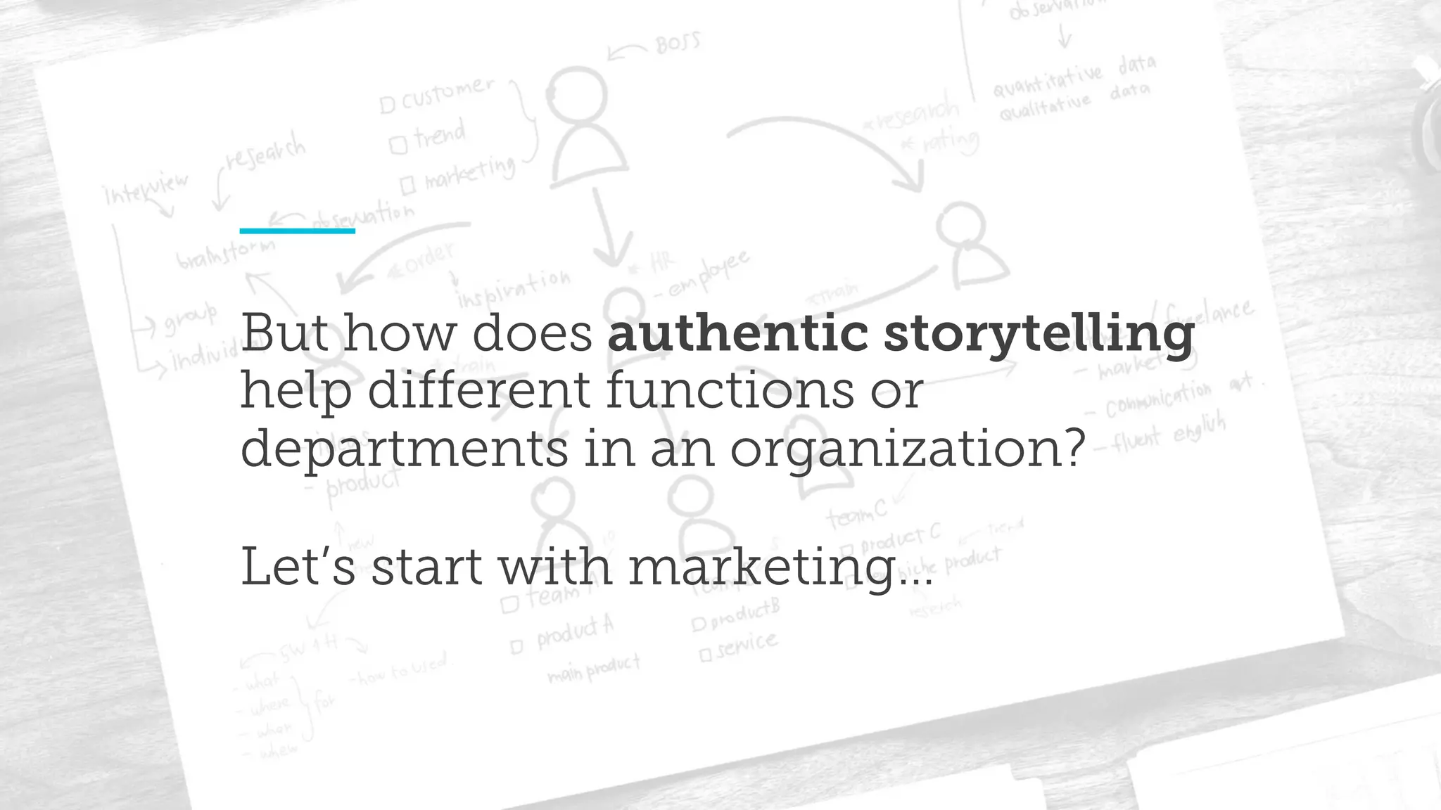 But how does authentic storytelling
help different functions or
departments in an organization?
Let’s start with marketing…
 