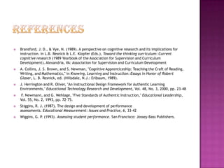    Bransford, J. D., & Vye, N. (1989). A perspective on cognitive research and its implications for
    instruction. In L.B. Resnick & L.E. Klopfer (Eds.), Toward the thinking curriculum: Current
    cognitive research (1989 Yearbook of the Association for Supervision and Curriculum
    Development). Alexandria, VA: Association for Supervision and Curriculum Development
   A. Collins, J. S. Brown, and S. Newman, "Cognitive Apprenticeship: Teaching the Craft of Reading,
    Writing, and Mathematics," in Knowing, Learning and Instruction: Essays in Honor of Robert
    Glaser, L. B. Resnick, ed. (Hillsdale, N.J.: Erlbaum, 1989).
   J. Herrington and R. Oliver, "An Instructional Design Framework for Authentic Learning
    Environments," Educational Technology Research and Development, Vol. 48, No. 3, 2000, pp. 23–48
    F. Newmann, and G. Wehlage, "Five Standards of Authentic Instruction," Educational Leadership,
    Vol. 55, No. 2, 1993, pp. 72–75.
   Stiggins, R. J. (1987). The design and development of performance
    assessments. Educational Measurement: Issues and Practice, 6, 33-42
   Wiggins, G. P. (1993). Assessing student performance. San Francisco: Jossey-Bass Publishers.
 