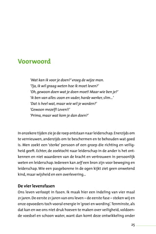 25
Voorwoord
‘Wat kan ik voor je doen?’ vroeg de wijze man.
‘Tja, ik wil graag weten hoe ik moet leven?’
‘Oh, gewoon doen wat je doen moet! Maar wie ben je?’
‘Ik ben van alles: zoon en vader, harde werker, slim…’
‘Dat is heel wat, maar wie wil je worden?’
‘Gewoon mezelf! Leven!!’
‘Prima, maar wat kom je dan doen?’
In onzekere tijden zie je de roep ontstaan naar leiderschap.Enerzijds om
te vernieuwen, anderzijds om te beschermen en te behouden wat goed
is. Men zoekt een ‘sterke’ persoon of een groep die richting en veilig-
heid geeft. Echter, de zoektocht naar leiderschap in de ander is het ont-
kennen en niet waarderen van de kracht en vertrouwen in persoonlijk
weten en leiderschap. Iedereen kan zelf een bron zijn voor beweging en
leiderschap. Wie een pasgeborene in de ogen kijkt ziet geen onwetend
kind, maar wijsheid en een overlevering…
De vier levensfasen
Ons leven verloopt in fasen. Ik maak hier een indeling van vier maal
21 jaren.De eerste 21 jaren van ons leven – de eerste fase – steken wij en
onze opvoeders toch vooral energie in‘groei en wording’.Tenminste,als
dat kan en we ons niet druk hoeven te maken over veiligheid, voldoen-
de voedsel en schoon water, want dan komt deze ontwikkeling onder
 