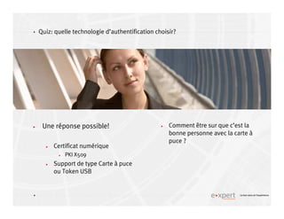 4
4 Le bon sens et l’expérience
Quiz: quelle technologie d’authentification choisir?
Une réponse possible!
Certificat numérique
PKI X509
Support de type Carte à puce
ou Token USB
Comment être sur que c’est la
bonne personne avec la carte à
puce ?
 