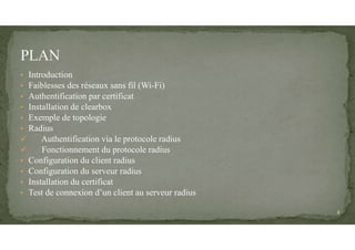 • Introduction
• Faiblesses des réseaux sans fil (Wi-Fi)
• Authentification par certificat
• Installation de clearbox
• Exemple de topologie
• Radius
 Authentification via le protocole radius
 Fonctionnement du protocole radius
• Configuration du client radius
• Configuration du serveur radius
• Installation du certificat
• Test de connexion d’un client au serveur radius
2
 