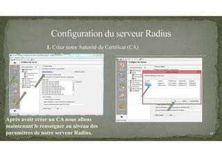 Après avoir créer un CA nous allons
maintenant le renseigner au niveau des
paramètres de notre serveur Radius.
1. Créer notre Autorité de Certificat (CA)
22
 