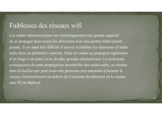 Les ondes radioélectriques ont intrinsèquement une grande capacité
de se propager dans toutes les directions avec une portée relativement
grande. Il est ainsi très difficile d’arriver à confiner les émissions d’ondes
radio dans un périmètre restreint. Ainsi les ondes se propagent également
d’un étage à un autre (avec de plus grandes atténuations). La principale
conséquence de cette propagation incontrôlée des ondes radio, se résume
dans la facilité que peut avoir une personne non-autorisée d’écouter le
réseau, éventuellement en dehors de l’enceinte du bâtiment où le réseau
sans fil est déployé.
4
 