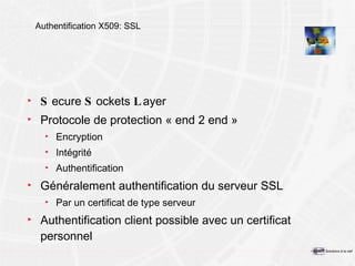 Authentification X509: SSL S ecure  S ockets  L ayer Protocole de protection « end 2 end » Encryption Intégrité Authentification Généralement authentification du serveur SSL Par un certificat de type serveur Authentification client possible avec un certificat personnel 