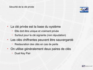 Sécurité de la clé privée La clé privée est la base du système Elle doit être unique et vraiment privée Surtout pour la clé signante (non répudation) Les clés chiffrantes peuvent être sauvergardé Restauration des clés en cas de perte On utilise généralement deux paires de clés Dual Key Pair 