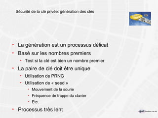 Sécurité de la clé privée: génération des clés La génération est un processus délicat Basé sur les nombres premiers Test si la clé est bien un nombre premier La paire de clé doit être unique Utilisation de PRNG Utilisation de « seed » Mouvement de la sourie Fréquence de frappe du clavier Etc. Processus très lent 