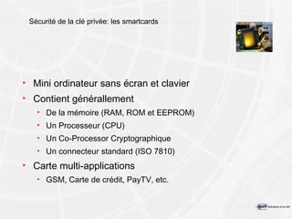 Sécurité de la clé privée: les smartcards Mini ordinateur sans écran et clavier Contient générallement De la mémoire (RAM, ROM et EEPROM) Un Processeur (CPU) Un Co-Processor Cryptographique Un connecteur standard (ISO 7810) Carte multi-applications GSM, Carte de crédit, PayTV, etc. 