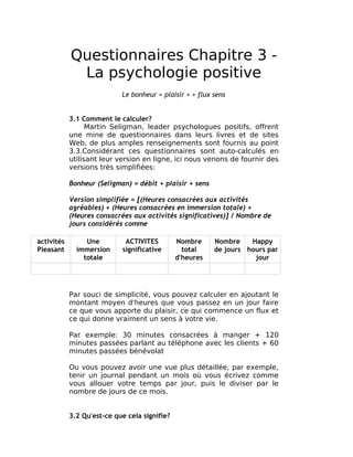 Questionnaires Chapitre 3 -
             La psychologie positive
                            Le bonheur = plaisir + + flux sens


            3.1 Comment le calculer?
                  Martin Seligman, leader psychologues positifs, offrent
            une mine de questionnaires dans leurs livres et de sites
            Web, de plus amples renseignements sont fournis au point
            3.3.Considérant ces questionnaires sont auto-calculés en
            utilisant leur version en ligne, ici nous venons de fournir des
            versions très simplifiées:

            Bonheur (Seligman) = débit + plaisir + sens

            Version simplifiée = [(Heures consacrées aux activités
            agréables) + (Heures consacrées en immersion totale) +
            (Heures consacrées aux activités significatives)] / Nombre de
            jours considérés comme

activités        Une         ACTIVITES         Nombre     Nombre    Happy
Pleasant      immersion     significative        total    de jours hours par
                totale                         d'heures              jour




            Par souci de simplicité, vous pouvez calculer en ajoutant le
            montant moyen d'heures que vous passez en un jour faire
            ce que vous apporte du plaisir, ce qui commence un flux et
            ce qui donne vraiment un sens à votre vie.

            Par exemple: 30 minutes consacrées à manger + 120
            minutes passées parlant au téléphone avec les clients + 60
            minutes passées bénévolat

            Ou vous pouvez avoir une vue plus détaillée, par exemple,
            tenir un journal pendant un mois où vous écrivez comme
            vous allouer votre temps par jour, puis le diviser par le
            nombre de jours de ce mois.


            3.2 Qu'est-ce que cela signifie?
 