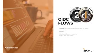 OIDC


FLOWS
Purpose: Identity & Authentication layer for OAuth


Method:
 
1. Dedicated Service Endpoints


2. JWT - Json...