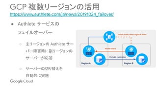 GCP 複数リージョンの活用
https://www.authlete.com/ja/news/20191024_failover/
● Authlete サービスの
フェイルオーバー
○ 主リージョンの Authlete サー
バー障害時に副リージョンの
サーバーが応答
○ サーバーの切り替えを
自動的に実施
Region A Region B
Periodic replication
Health check
Switch traffic when region A down
 