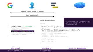 Who Are You? Who is User X? What is Your Authorization?
Galaxy’s OIDC Client ID User’s OIDC ID Token
Give me a proof of User X’s identity
Here is your proof
Part of a decoded ID token:
Payload
{
"iss": "accounts.google.com",
"azp": "…",
"aud": "8936 ... 8o88f.apps.googleusercontent.com",
"sub": "100813134013939805912",
"email": "jalili.vahid@gmail.com",
"email_verified": true,
"at_hash": "oRKH9-7HUwPJx-OxBSR-TA",
"nonce": "…",
"iat": 1556220253,
"exp": 1556223853
}
Authorization Code Grant
flow in nutshell{
"access_token": "… 129 chars …",
"auth_time": 1556220254,
"expires": 3600,
"id_token": "… 1000 chars …",
"refresh_token": "… 45 chars …",
"token_type": "Bearer"
}
 