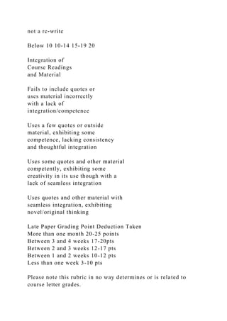 not a re-write
Below 10 10-14 15-19 20
Integration of
Course Readings
and Material
Fails to include quotes or
uses material incorrectly
with a lack of
integration/competence
Uses a few quotes or outside
material, exhibiting some
competence, lacking consistency
and thoughtful integration
Uses some quotes and other material
competently, exhibiting some
creativity in its use though with a
lack of seamless integration
Uses quotes and other material with
seamless integration, exhibiting
novel/original thinking
Late Paper Grading Point Deduction Taken
More than one month 20-25 points
Between 3 and 4 weeks 17-20pts
Between 2 and 3 weeks 12-17 pts
Between 1 and 2 weeks 10-12 pts
Less than one week 3-10 pts
Please note this rubric in no way determines or is related to
course letter grades.
 
