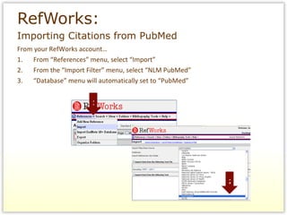 From your RefWorks account… 1. From “References” menu, select “Import” 2. From the “Import Filter” menu, select “NLM PubMed” 3. “Database” menu will automatically set to “PubMed” RefWorks:   Importing Citations from PubMed 1 2 