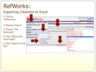 RefWorks:   Exporting Citations to Excel 1. Click on “ References” 2. Choose “Export” 3. Choose “Tab Delimited” 4. Click “References from Folder” 5. Click “Export to Text File”  1 2 3 4 5 