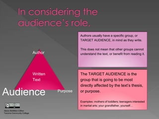 Author
Audience Purpose
Written
Text
Authors usually have a specific group, or
TARGET AUDIENCE, in mind as they write.
Thi...