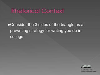 ●Consider the 3 sides of the triangle as a
prewriting strategy for writing you do in
college
Alexis McMillan-Clifton
Tacoma Community College
 