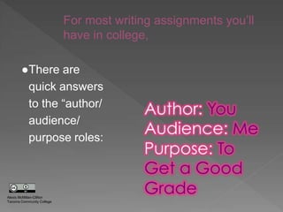 ●There are
quick answers
to the “author/
audience/
purpose roles:
For most writing assignments you’ll
have in college,
Alexis McMillan-Clifton
Tacoma Community College
 