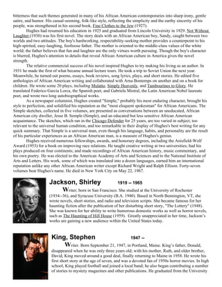 bitterness that such themes generated in many of his African American contemporaries into sharp irony, gentle
satire, and humor. His casual-seeming, folk-like style, reflecting the simplicity and the earthy sincerity of his
people, was strengthened in his second book, Fine Clothes to the Jew (1927).
         Hughes had resumed his education in 1925 and graduated from Lincoln University in 1929. Not Without
Laughter (1930) was his first novel. The story deals with an African American boy, Sandy, caught between two
worlds and two attitudes. The boy's hardworking, respectability-seeking mother provides a counterpoint to his
high-spirited, easy-laughing, footloose father. The mother is oriented to the middle-class values of the white
world; the father believes that fun and laughter are the only virtues worth pursuing. Though the boy's character
is blurred, Hughes's attention to details that reveal African American culture in America gives the novel
strength.
         The relative commercial success of his novel inspired Hughes to try making his living as an author. In
1931 he made the first of what became annual lecture tours. He took a trip to Soviet Union the next year.
Meanwhile, he turned out poems, essays, book reviews, song lyrics, plays, and short stories. He edited five
anthologies of African American writing and collaborated with Arna Bontemps on another and on a book for
children. He wrote some 20 plays, including Mulatto, Simply Heavenly, and Tambourines to Glory. He
translated Federico Garcia Lorca, the Spanish poet, and Gabriela Mistral, the Latin American Nobel laureate
poet, and wrote two long autobiographical works.
         As a newspaper columnist, Hughes created "Simple," probably his most enduring character, brought his
style to perfection, and solidified his reputation as the "most eloquent spokesman" for African Americans. The
Simple sketches, collected in five volumes, are presented as conversations between an uneducated, African
American city dweller, Jesse B. Semple (Simple), and an educated but less sensitive African American
acquaintance. The sketches, which ran in the Chicago Defender for 25 years, are too varied in subject, too
relevant to the universal human condition, and too remarkable in their display of Hughes's best writing for any
quick summary. That Simple is a universal man, even though his language, habits, and personality are the result
of his particular experiences as an African American man, is a measure of Hughes's genius.
         Hughes received numerous fellowships, awards, and honorary degrees, including the Anisfield-Wolf
Award (1953) for a book on improving race relations. He taught creative writing at two universities; had his
plays produced on four continents; and made recordings of African American history, music commentary, and
his own poetry. He was elected to the American Academy of Arts and Sciences and to the National Institute of
Arts and Letters. His work, some of which was translated into a dozen languages, earned him an international
reputation unlike any other African American writer except Richard Wright and Ralph Ellison. Forty-seven
volumes bear Hughes's name. He died in New York City on May 22, 1967.

                    Jackson, Shirley                  1919 -- 1965
                        Writer; born in San Francisco. She studied at the University of Rochester
                    (1934--36), and Syracuse University (B.A. 1940). Based in North Bennington, VT, she
                    wrote novels, short stories, and radio and television scripts. She became famous for her
                    haunting fiction after the publication of her disturbing short story, "The Lottery" (1948).
                    She was known for her ability to write humorous domestic works as well as horror novels,
                    such as The Haunting of Hill House (1959). Greatly unappreciated in her time, Jackson’s
                    works are gaining a new audience within the United States today.


                      King, Stephen                          1947 --
                          Writer. Born September 21, 1947, in Portland, Maine. King’s father, Donald,
                      disappeared when he was only three years old; with his mother, Ruth, and older brother,
                      David, King moved around a good deal, finally returning to Maine in 1958. He wrote his
                      first short story at the age of seven, and was a devoted fan of 1950s horror movies. In high
                      school, King played football and joined a local band; he also began contributing a number
                      of stories to mystery magazines and other publications. He graduated from the University
 