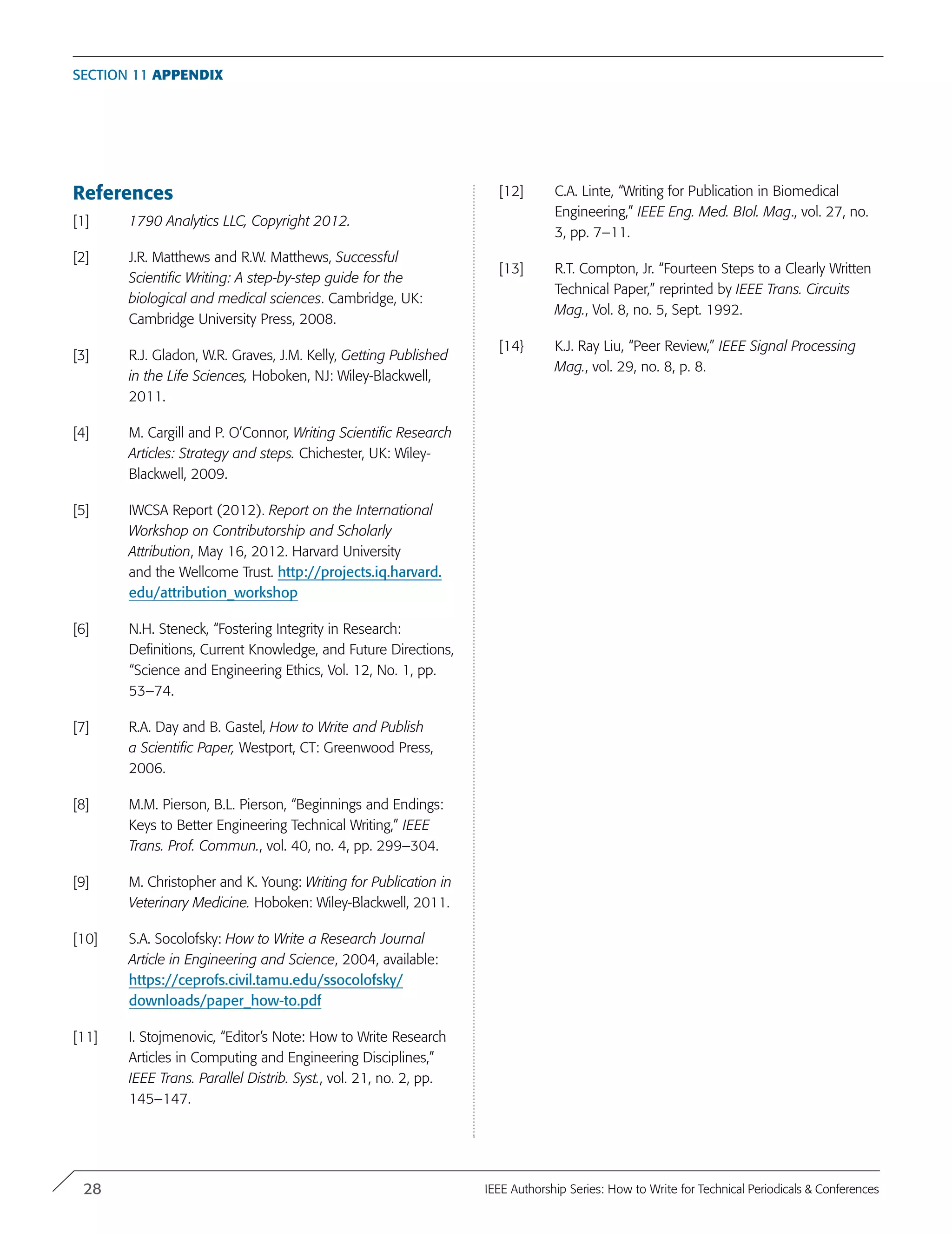 References
[1]	 1790 Analytics LLC, Copyright 2012.	
[2]	 J.R. Matthews and R.W. Matthews, Successful
Scientific Writing: A step-by-step guide for the
biological and medical sciences. Cambridge, UK:
Cambridge University Press, 2008.
[3]	R.J. Gladon, W.R. Graves, J.M. Kelly, Getting Published
in the Life Sciences, Hoboken, NJ: Wiley-Blackwell,
2011.
[4]	 M. Cargill and P. O’Connor, Writing Scientific Research
Articles: Strategy and steps. Chichester, UK: Wiley-
Blackwell, 2009.
[5]	IWCSA Report (2012). Report on the International
Workshop on Contributorship and Scholarly
Attribution, May 16, 2012. Harvard University
and the Wellcome Trust. http://projects.iq.harvard.
edu/attribution_workshop
[6]	N.H. Steneck, “Fostering Integrity in Research:
Definitions, Current Knowledge, and Future Directions,
“Science and Engineering Ethics, Vol. 12, No. 1, pp.
53–74.
[7]	R.A. Day and B. Gastel, How to Write and Publish
a Scientific Paper, Westport, CT: Greenwood Press,
2006.
[8]	 M.M. Pierson, B.L. Pierson, “Beginnings and Endings:
Keys to Better Engineering Technical Writing,” IEEE
Trans. Prof. Commun., vol. 40, no. 4, pp. 299–304.
[9]	 M. Christopher and K. Young: Writing for Publication in
Veterinary Medicine. Hoboken: Wiley-Blackwell, 2011.
[10]	S.A. Socolofsky: How to Write a Research Journal
Article in Engineering and Science, 2004, available:
https://ceprofs.civil.tamu.edu/ssocolofsky/
downloads/paper_how-to.pdf
[11]	I. Stojmenovic, “Editor’s Note: How to Write Research
Articles in Computing and Engineering Disciplines,”
IEEE Trans. Parallel Distrib. Syst., vol. 21, no. 2, pp.
145–147.
[12]	C.A. Linte, “Writing for Publication in Biomedical
Engineering,” IEEE Eng. Med. BIol. Mag., vol. 27, no.
3, pp. 7–11.
[13]	R.T. Compton, Jr. “Fourteen Steps to a Clearly Written
Technical Paper,” reprinted by IEEE Trans. Circuits
Mag., Vol. 8, no. 5, Sept. 1992.
[14}	 K.J. Ray Liu, “Peer Review,” IEEE Signal Processing
Mag., vol. 29, no. 8, p. 8.
Section 11 APPENDIX
28 IEEE Authorship Series: How to Write for Technical Periodicals & Conferences
 