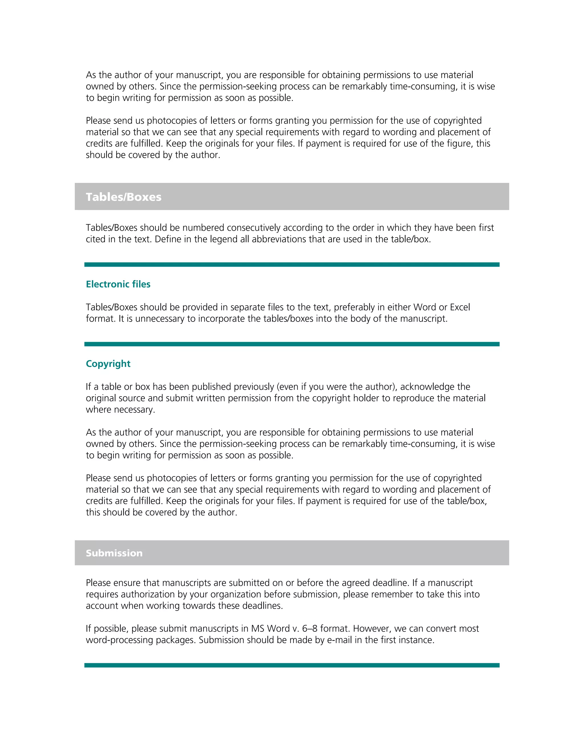 As the author of your manuscript, you are responsible for obtaining permissions to use material
owned by others. Since the permission-seeking process can be remarkably time-consuming, it is wise
to begin writing for permission as soon as possible.

Please send us photocopies of letters or forms granting you permission for the use of copyrighted
material so that we can see that any special requirements with regard to wording and placement of
credits are fulfilled. Keep the originals for your files. If payment is required for use of the figure, this
should be covered by the author.



Tables/Boxes

Tables/Boxes should be numbered consecutively according to the order in which they have been first
cited in the text. Define in the legend all abbreviations that are used in the table/box.



Electronic files

Tables/Boxes should be provided in separate files to the text, preferably in either Word or Excel
format. It is unnecessary to incorporate the tables/boxes into the body of the manuscript.



Copyright

If a table or box has been published previously (even if you were the author), acknowledge the
original source and submit written permission from the copyright holder to reproduce the material
where necessary.

As the author of your manuscript, you are responsible for obtaining permissions to use material
owned by others. Since the permission-seeking process can be remarkably time-consuming, it is wise
to begin writing for permission as soon as possible.

Please send us photocopies of letters or forms granting you permission for the use of copyrighted
material so that we can see that any special requirements with regard to wording and placement of
credits are fulfilled. Keep the originals for your files. If payment is required for use of the table/box,
this should be covered by the author.



Submission


Please ensure that manuscripts are submitted on or before the agreed deadline. If a manuscript
requires authorization by your organization before submission, please remember to take this into
account when working towards these deadlines.

If possible, please submit manuscripts in MS Word v. 6–8 format. However, we can convert most
word-processing packages. Submission should be made by e-mail in the first instance.
 