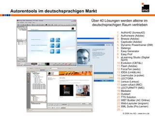 Autorentools im deutschsprachigen Markt Author42 (bureau42) Authorware (Adobe) Breeze (Adobe)  Captivate (Adobe) Dynamic Powertrainer (DM) Datango Easy Generator Easy Prof eLearning Studio (Digital Spirit) Evolution (CBT&L) Flash (Adobe) ForceTen (eedo) IDEA (Link&Link) Learncube (x-pulse) LECTORA Lersus (Lersus) Learn eXact (IMC) LECTURNITY (IMC) Mediator Outstart TTS Solution WBT Builder (AC Online) Web-Layouter (engram) XML Suite (Pro Lernen) ... Über 40 Lösungen werden alleine im deutschsprachigen Raum vertrieben 