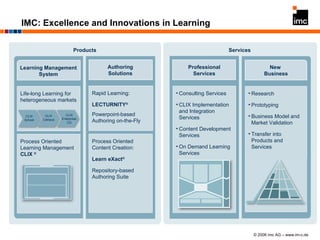 IMC: Excellence and Innovations in Learning Consulting Services CLIX Implementation  and Integration Services Content Development Services On Demand Learning Services Professional Services Authoring Solutions Rapid Learning: LECTURNITY ® Powerpoint-based Authoring on-the-Fly Process Oriented Content Creation: Learn eXact ® Repository-based Authoring Suite New  Business Research Prototyping Business Model and Market Validation Transfer into Products and Services Life-long Learning for heterogeneous markets Learning Management System CLIX School CLIX Campus CLIX Enterprise/ CU Process Oriented Learning Management CLIX  ® Products Services 