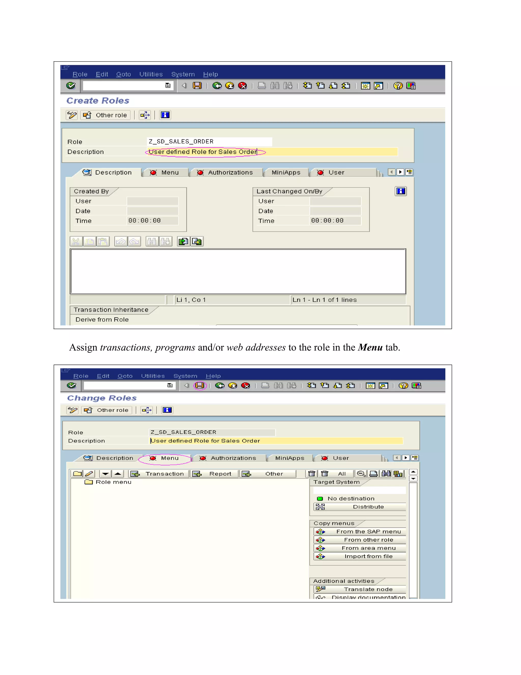 Assign transactions, programs and/or web addresses to the role in the Menu tab.
 