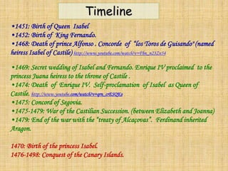 •1451: Birth of Queen Isabel
•1452: Birth of King Fernando.
•1468: Death of prince Alfonso . Concorde of “los Toros de Guisando" (named
heiress Isabel of Castile) http://www.youtube.com/watch?v=Fbn_n23Zv54
•1469: Secret wedding of Isabel and Fernando. Enrique IV proclaimed to the
princess Juana heiress to the throne of Castile .
•1474: Death of Enrique IV. Self-proclamation of Isabel as Queen of
Castile. http://www.youtube.com/watch?v=qrn_crESQKo
•1475: Concord of Segovia.
•1475-1479: War of the Castilian Succession. (between Elizabeth and Joanna)
•1479: End of the war with the “treaty of Alcaçovas”. Ferdinand inherited
Aragon.
1470: Birth of the princess Isabel.
1476-1498: Conquest of the Canary Islands.
Timeline
 