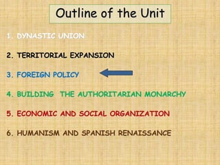 Outline of the Unit
1. DYNASTIC UNION
2. TERRITORIAL EXPANSION
3. FOREIGN POLICY
4. BUILDING THE AUTHORITARIAN MONARCHY
5. ECONOMIC AND SOCIAL ORGANIZATION
6. HUMANISM AND SPANISH RENAISSANCE
 
