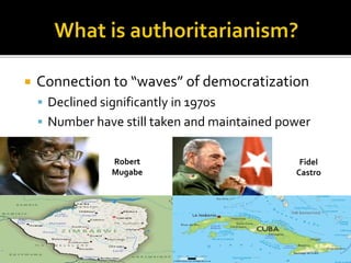  Connection to “waves” of democratization
 Declined significantly in 1970s
 Number have still taken and maintained power
Robert
Mugabe
Fidel
Castro
 
